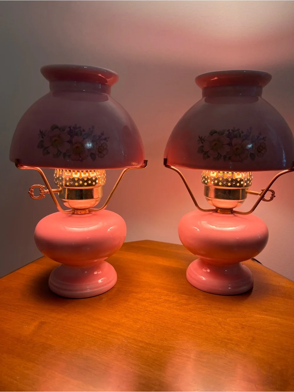 Vintage Pink Ceramic GWTW type 3-way Lamp with Floral Details-Electric-Pair